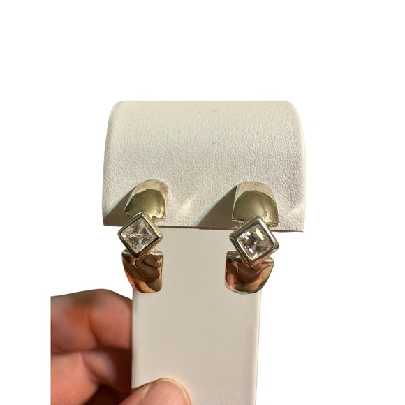 Geometric Silver Tone Earrings with Square CZ Accent Minimalist Jewelry - Picture 1 of 8